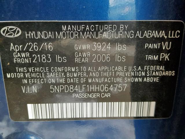 5NPD84LF1HH064757 - 2017 HYUNDAI ELANTRA BLUE photo 10