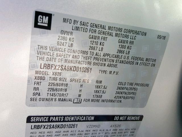 LRBFX2SA8KD010261 - 2019 BUICK ENVISION E SILVER photo 10