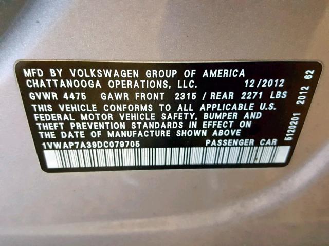 1VWAP7A39DC079705 - 2013 VOLKSWAGEN PASSAT S SILVER photo 10