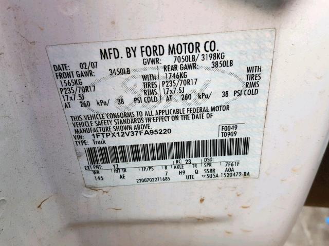 1FTPX12V37FA95220 - 2007 FORD F150 WHITE photo 10