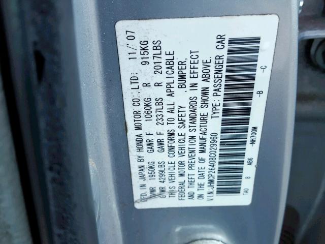 JHMCP26408C029960 - 2008 HONDA ACCORD LXP SILVER photo 10