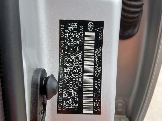 JTDKN3DU3A0149884 - 2010 TOYOTA PRIUS SILVER photo 10