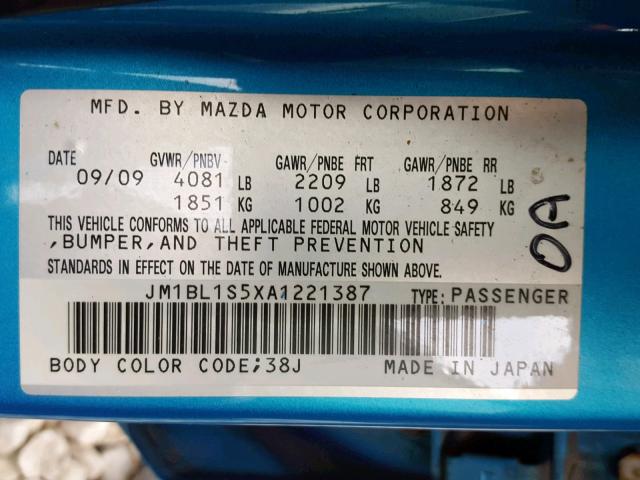 JM1BL1S5XA1221387 - 2010 MAZDA 3 S BLUE photo 10