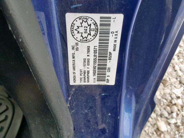 1HGEM21555L810571 - 2005 HONDA CIVIC LX BLUE photo 10