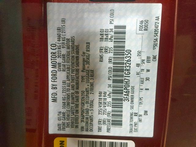 3FA6P0H71GR326350 - 2016 FORD FUSION SE RED photo 10