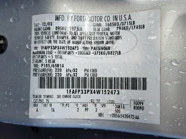 1FAFP33PX4W152473 - 2004 FORD FOCUS LX SILVER photo 10