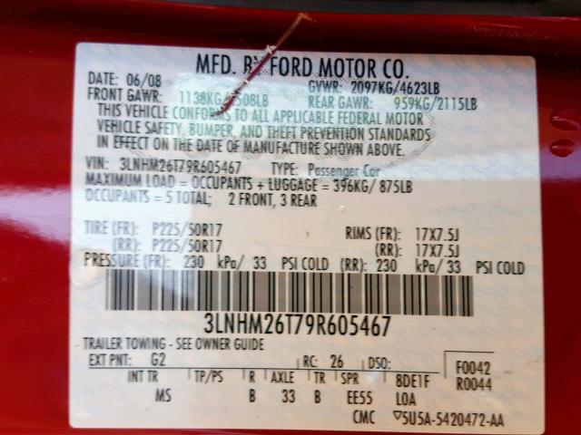 3LNHM26T79R605467 - 2009 LINCOLN MKZ RED photo 10