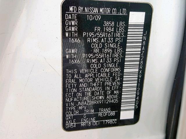 JN8AZ28RX9T129405 - 2009 NISSAN CUBE BASE WHITE photo 10