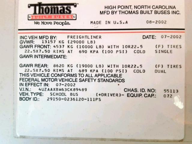 4UZAAXBW63CK89489 - 2003 FREIGHTLINER CHASSIS FS YELLOW photo 10