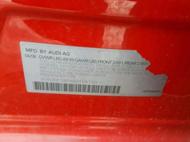 WAUDF78E98A168750 - 2008 AUDI A4 2.0T QU RED photo 10