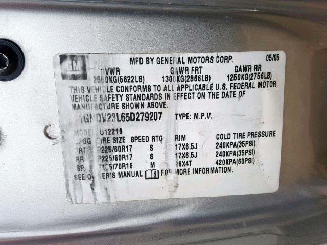 1GNDV23L65D279207 - 2005 CHEVROLET UPLANDER L Gümüş foto 10