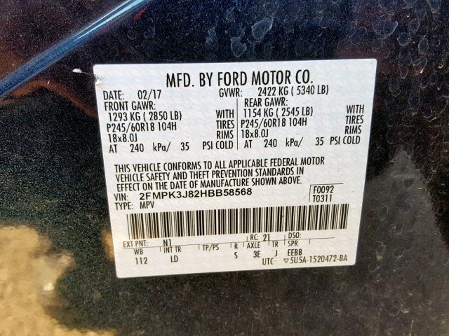 2FMPK3J82HBB58568 - 2017 FORD EDGE SEL BLUE photo 10