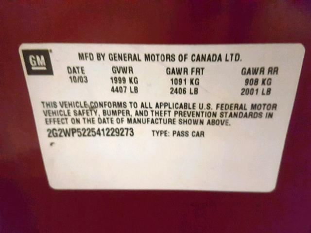2G2WP522541229273 - 2004 PONTIAC GRAND PRIX MAROON photo 10