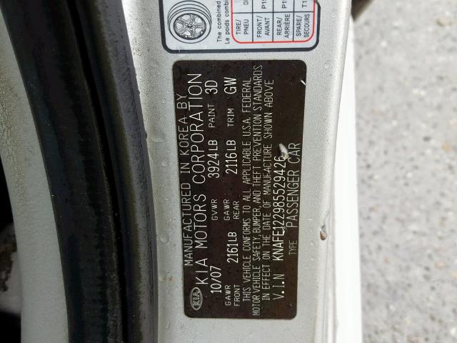 KNAFE122985529426 - 2008 KIA SPECTRA EX SILVER photo 10