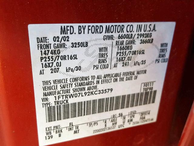 1FTRW07L92KC33579 - 2002 FORD F150 SUPER 红色 照片 10