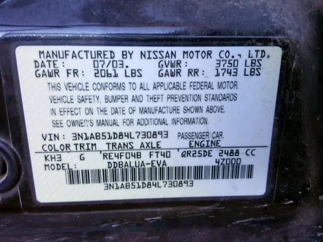 3N1AB51D84L730893 - 2004 NISSAN SENTRA SE- BLACK photo 10