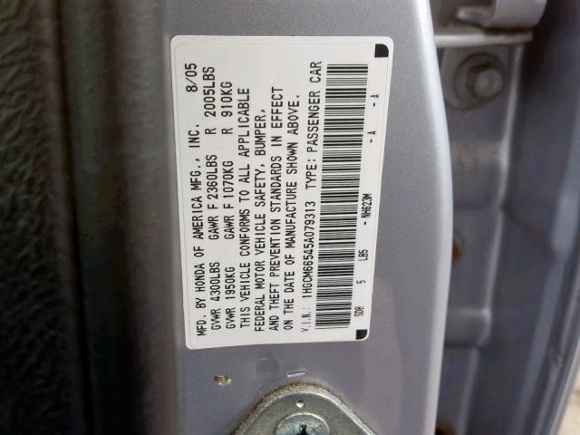 1HGCM66545A079313 - 2005 HONDA ACCORD EX SILVER photo 10