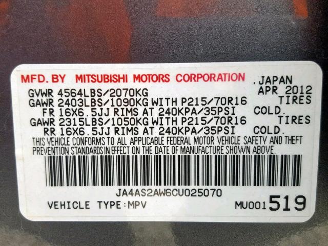 JA4AS2AW6CU025070 - 2012 MITSUBISHI OUTLANDER GRAY photo 10