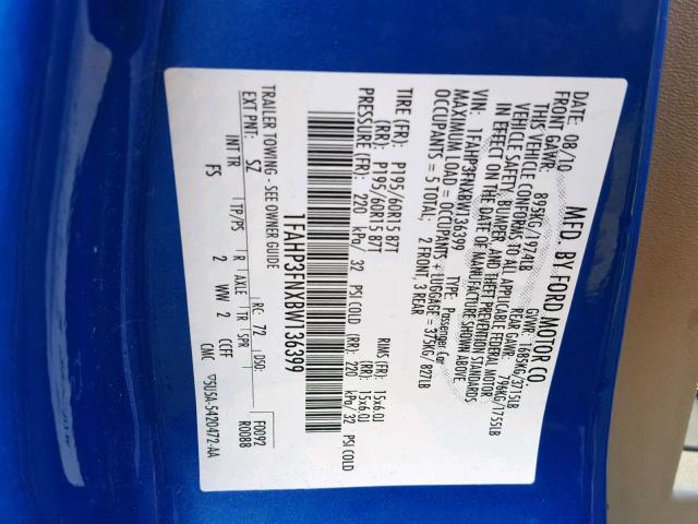 1FAHP3FNXBW136399 - 2011 FORD FOCUS SE Көк фото 10