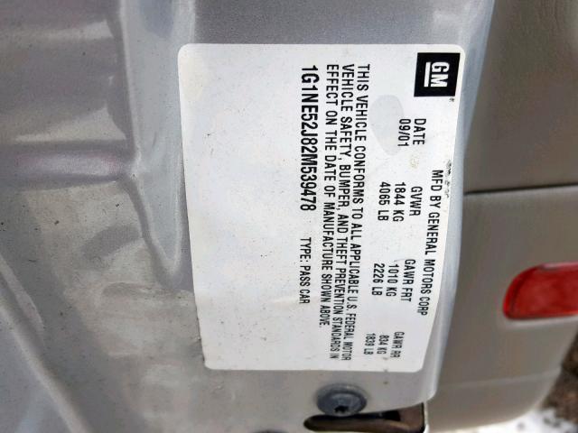 1G1NE52J82M539478 - 2002 CHEVROLET MALIBU LS SILVER photo 10