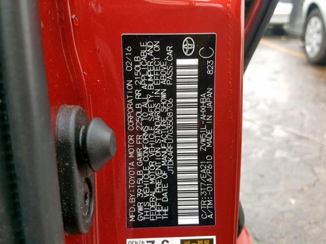 JTDKARFU7G3508706 - 2016 TOYOTA PRIUS RED photo 10