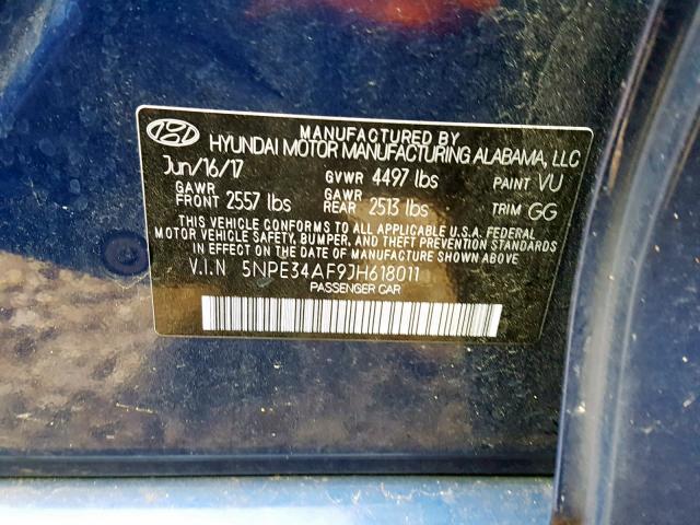 5NPE34AF9JH618011 - 2018 HYUNDAI SONATA SPO BLUE photo 10