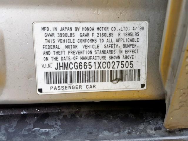 JHMCG6651XC027505 - 1999 HONDA ACCORD LX TAN photo 10