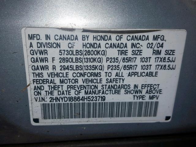 2HNYD18864H523719 - 2004 ACURA MDX TOURIN SILVER photo 10