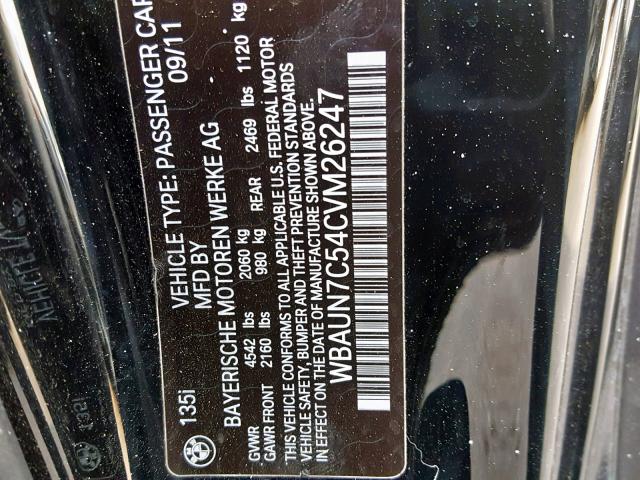 WBAUN7C54CVM26247 - 2012 BMW 135 I BLACK photo 10