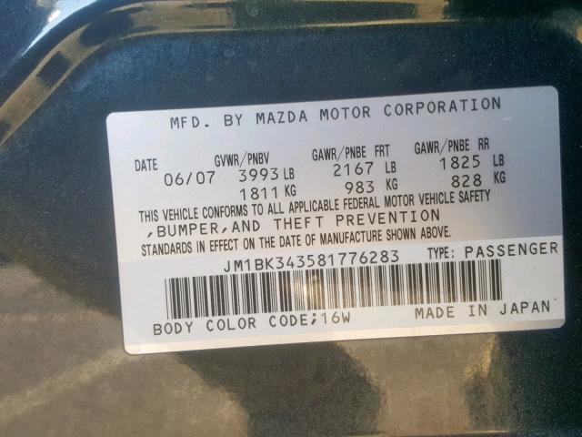 JM1BK343581776283 - 2008 MAZDA 3 HATCHBAC BLACK photo 10