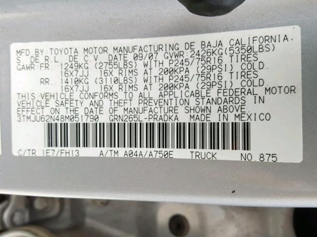 3TMJU62N48M051790 - 2008 TOYOTA TACOMA DOU SILVER photo 10