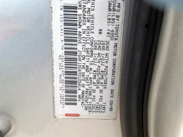 JT6HF10U6Y0105414 - 2000 LEXUS RX 300 SILVER photo 10