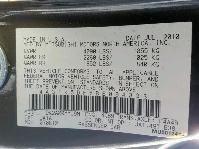 4A31K5DF5BE004333 - 2011 MITSUBISHI ECLIPSE GS 石墨色 照片 10