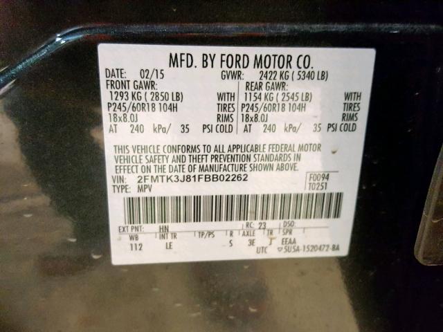 2FMTK3J81FBB02262 - 2015 FORD EDGE SEL GREEN photo 10