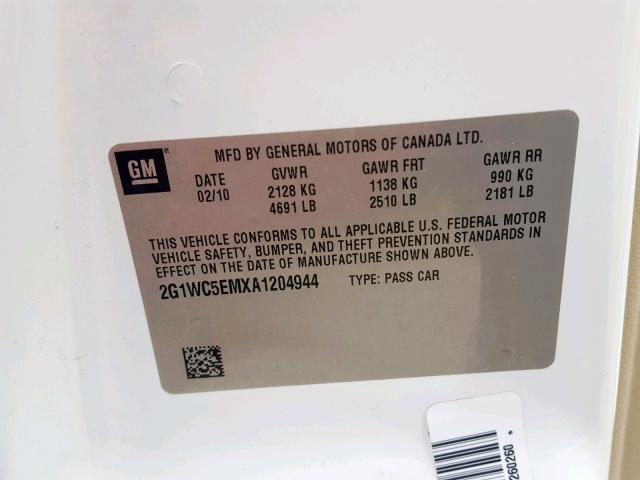 2G1WC5EMXA1204944 - 2010 CHEVROLET IMPALA LTZ WHITE photo 10