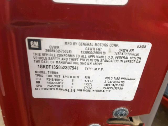 1GKDT13S052307941 - 2005 GMC ENVOY RED photo 10