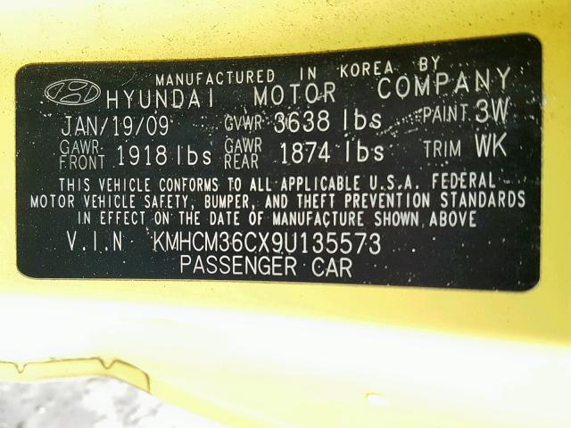 KMHCM36CX9U135573 - 2009 HYUNDAI ACCENT GS YELLOW photo 10