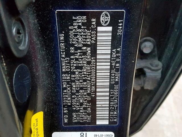 4T1BK1EB6DU033291 - 2013 TOYOTA AVALON BAS BLACK photo 10