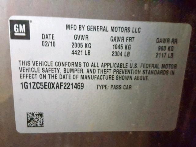 1G1ZC5E0XAF221469 - 2010 CHEVROLET MALIBU 1LT GRAY photo 10