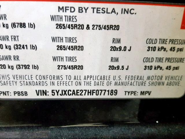 5YJXCAE27HF077189 - 2017 TESLA MODEL X BLACK photo 10