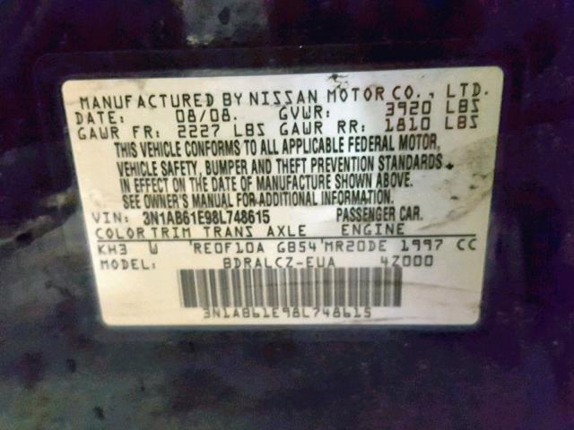 3N1AB61E98L748615 - 2008 NISSAN SENTRA 2.0 BLACK photo 10