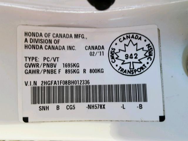 2HGFA1F08BH012336 - 2011 HONDA CIVIC EXL WHITE photo 10