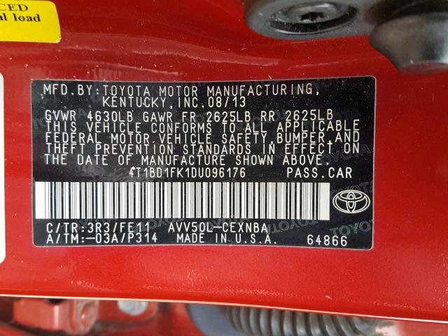 4T1BD1FK1DU096176 - 2013 TOYOTA CAMRY HYBR RED photo 10