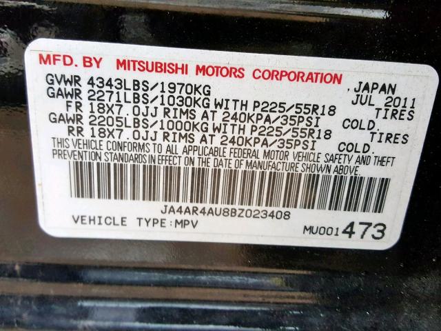 JA4AR4AU8BZ023408 - 2011 MITSUBISHI OUTLANDER BLACK photo 10