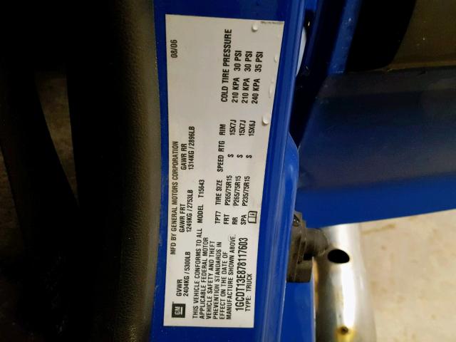 1GCDT13E878117603 - 2007 CHEVROLET COLORADO BLUE photo 10