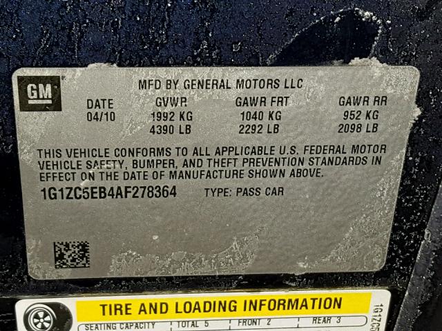 1G1ZC5EB4AF278364 - 2010 CHEVROLET MALIBU 1LT BLUE photo 10