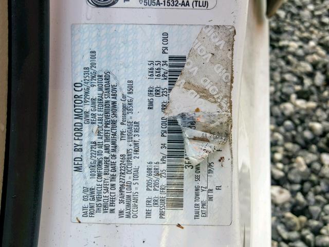 3FAHP06Z77R232468 - 2007 FORD FUSION S WHITE photo 10