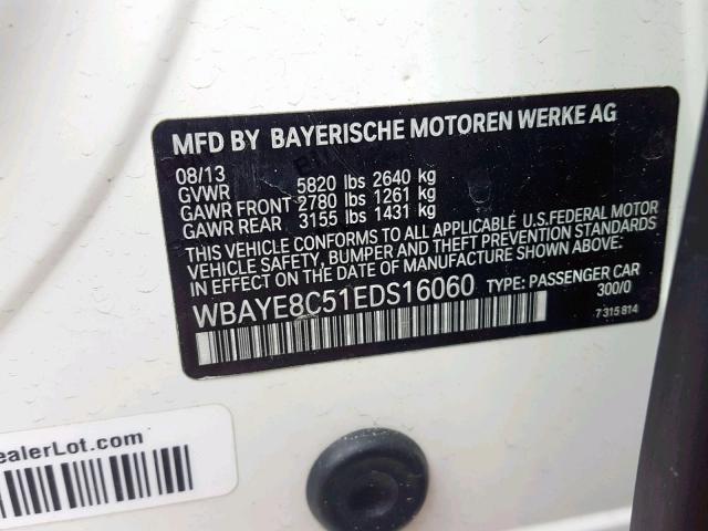 WBAYE8C51EDS16060 - 2014 BMW 750 LI WHITE photo 10