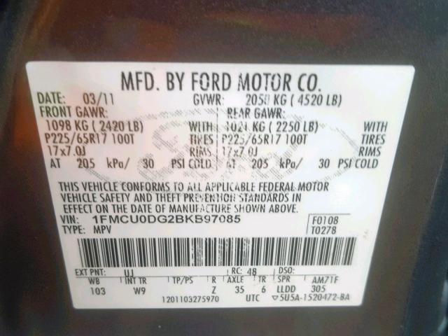 1FMCU0DG2BKB97085 - 2011 FORD ESCAPE XLT GRAY photo 10