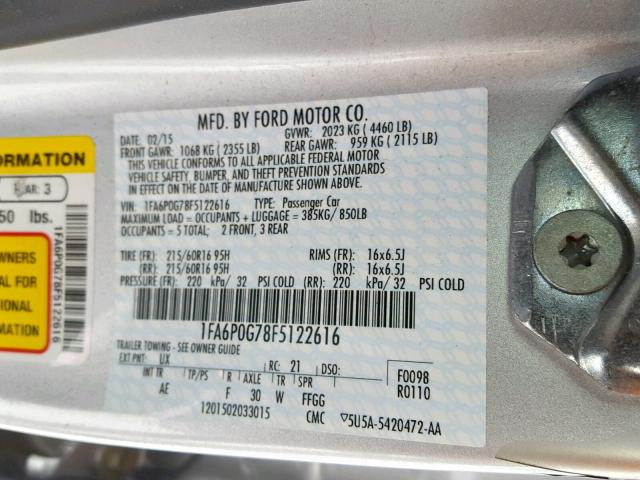 1FA6P0G78F5122616 - 2015 FORD FUSION S SILVER photo 10